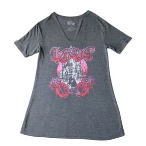 Disney T-Shirt Woman XS Gray Custom Ripped Beauty & The Beast Graphic Short Slvs